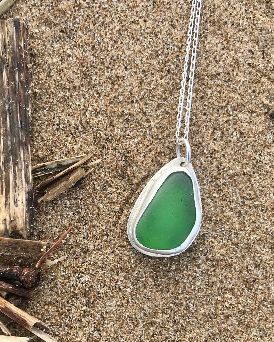Handmade 925 Sterling Silver Pendant Necklace - Unique Jewellery Green Sea Glass