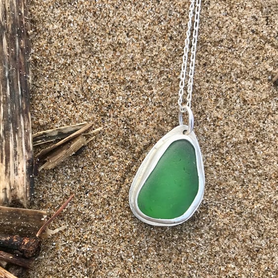Handmade 925 Sterling Silver Pendant Necklace - Unique Jewellery Green Sea Glass