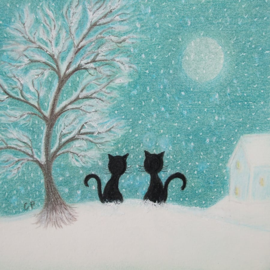 Christmas Card, Black Cats Tree Snow Moon Card, Winter Art, Xmas Greeting Card 
