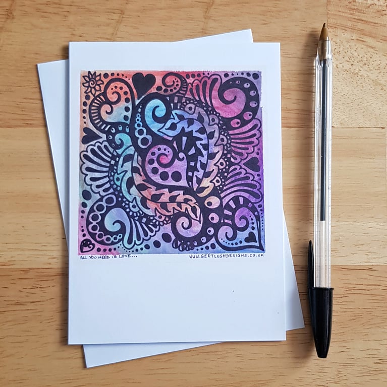 All You Need Is Love Card - Colourful Abstract Doodle Art - A6 Size Card