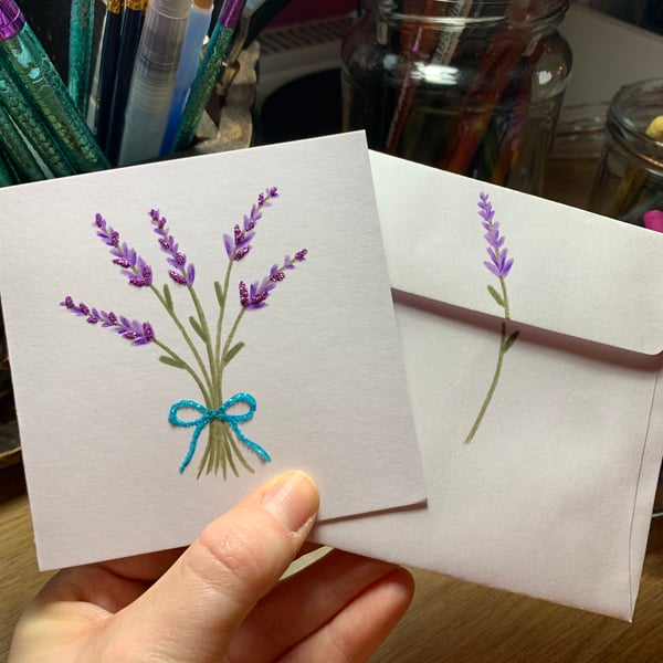 Original Hand Drawn Glitter Lavender Greetings Card Blank Inside 4x4”