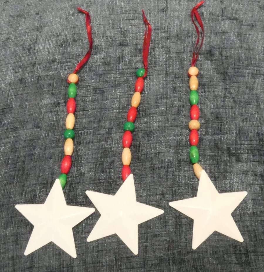 3 Star & bead Christmas decorations, wooden beads & metal stars