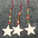 3 Star & bead Christmas decorations, wooden beads & metal stars