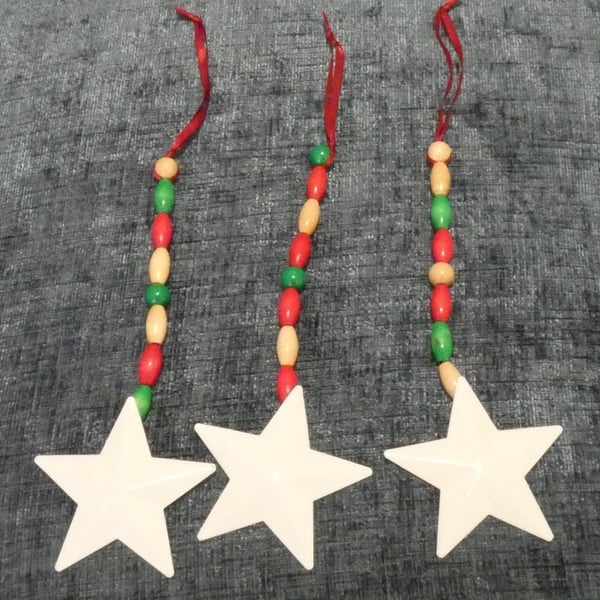 3 Star & bead Christmas decorations, wooden beads & metal stars