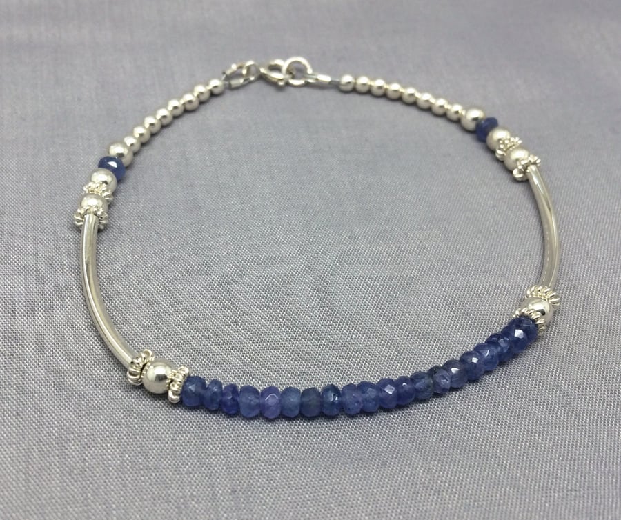 Sterling Silver Tanzanite Beaded Ball Bracelet, Noodle Bangle