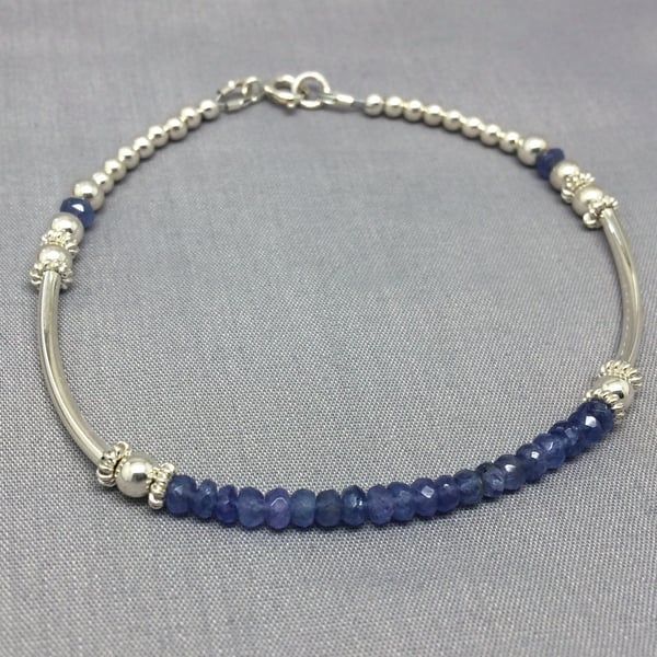 Sterling Silver Tanzanite Beaded Ball Bracelet, Noodle Bangle