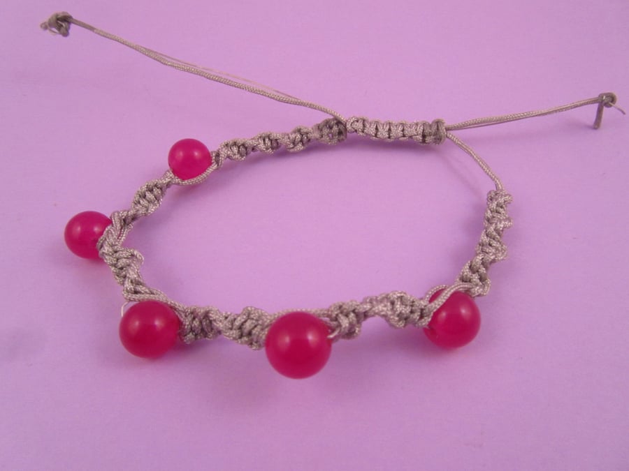 Pink and Grey Cord Macrame Thin Bracelet