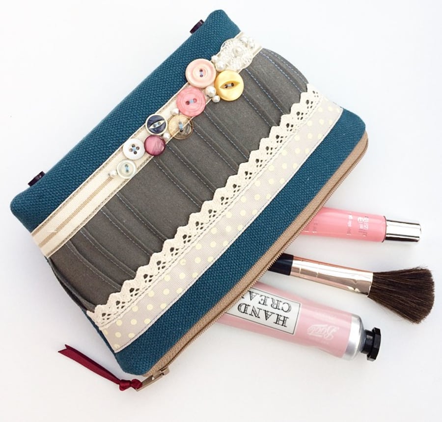Make Up Bag, Cosmetics Bag, Toiletry Bag with Vintage Buttons, Ribbon and Lace