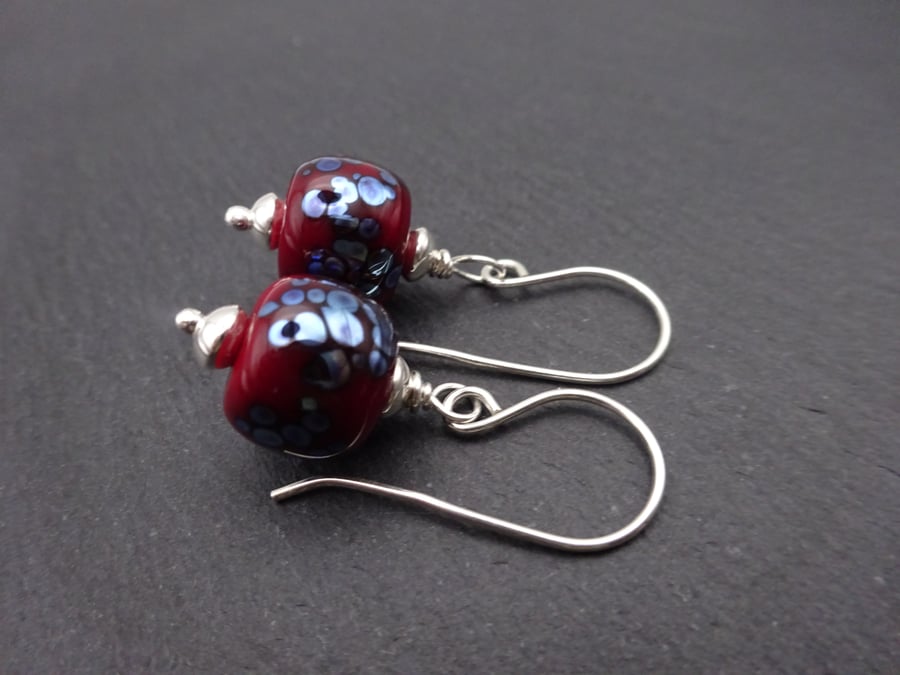 red and silver speckled lampwork glass earrings