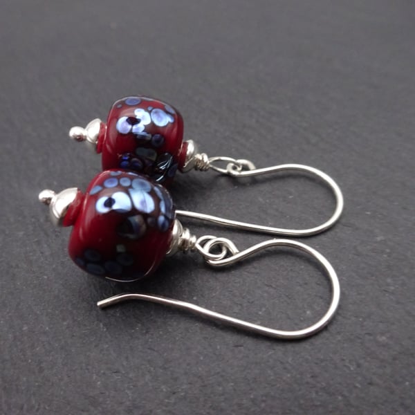 red and silver speckled lampwork glass earrings