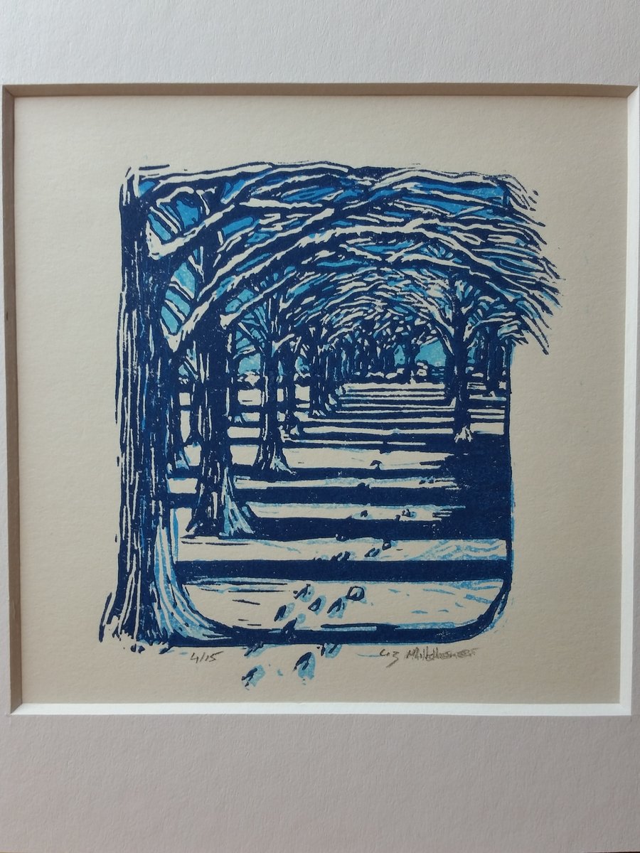 Original limited edition multi plate linocut " Winter Walk"