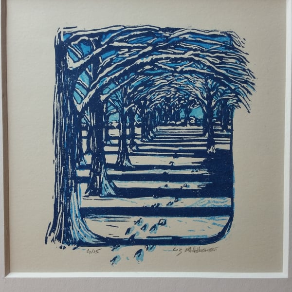 Original limited edition multi plate linocut " Winter Walk"