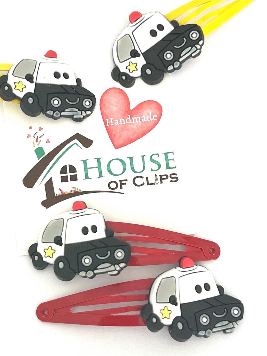 Police Car Clips x2 - Boys Hair Clips - Jam Sandwich Hair Clips - Police Panda H
