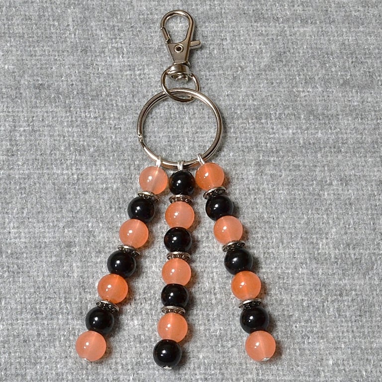 Bag Charm – Peach and Black Glass Bead and Silver Spacer Triple Dangle
