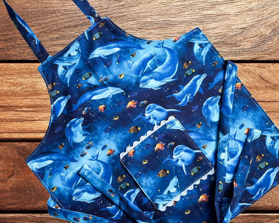 Handmade Children's Apron, Small Apron, Coloured Dolphin Design 3-5 yrs-CAPR15