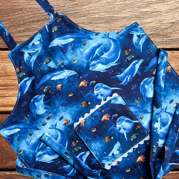 Handmade Children's Apron, Small Apron, Coloured Dolphin Design 3-5 yrs-CAPR15
