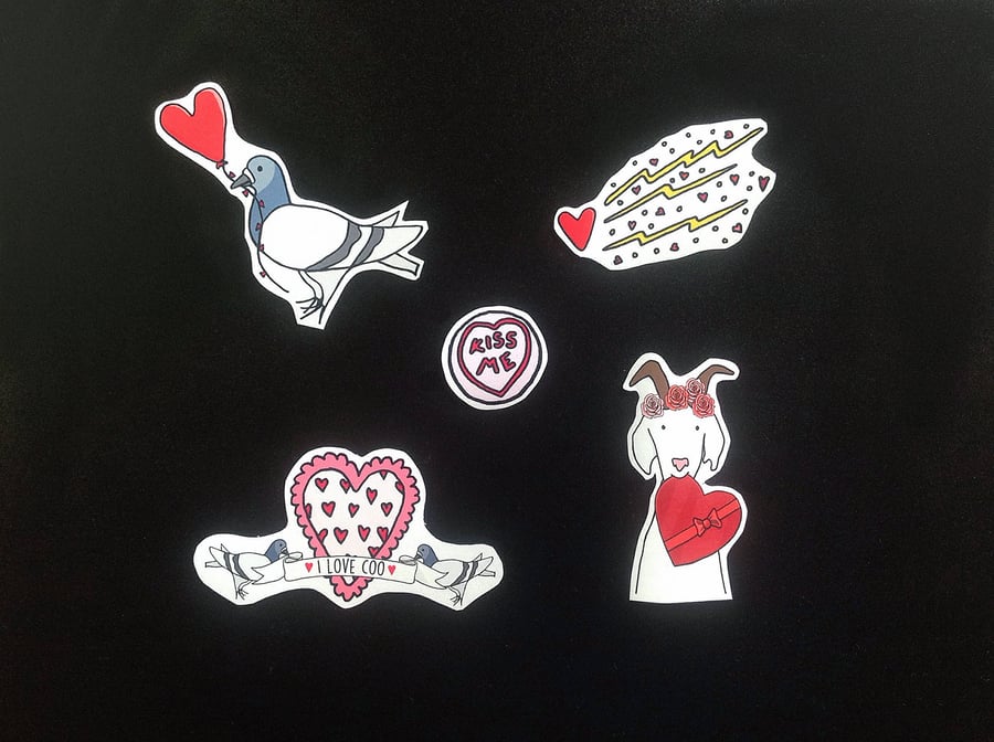 Pigeon, Goat and Valentine's Hearts Illustration Magnets (Pack of 5)