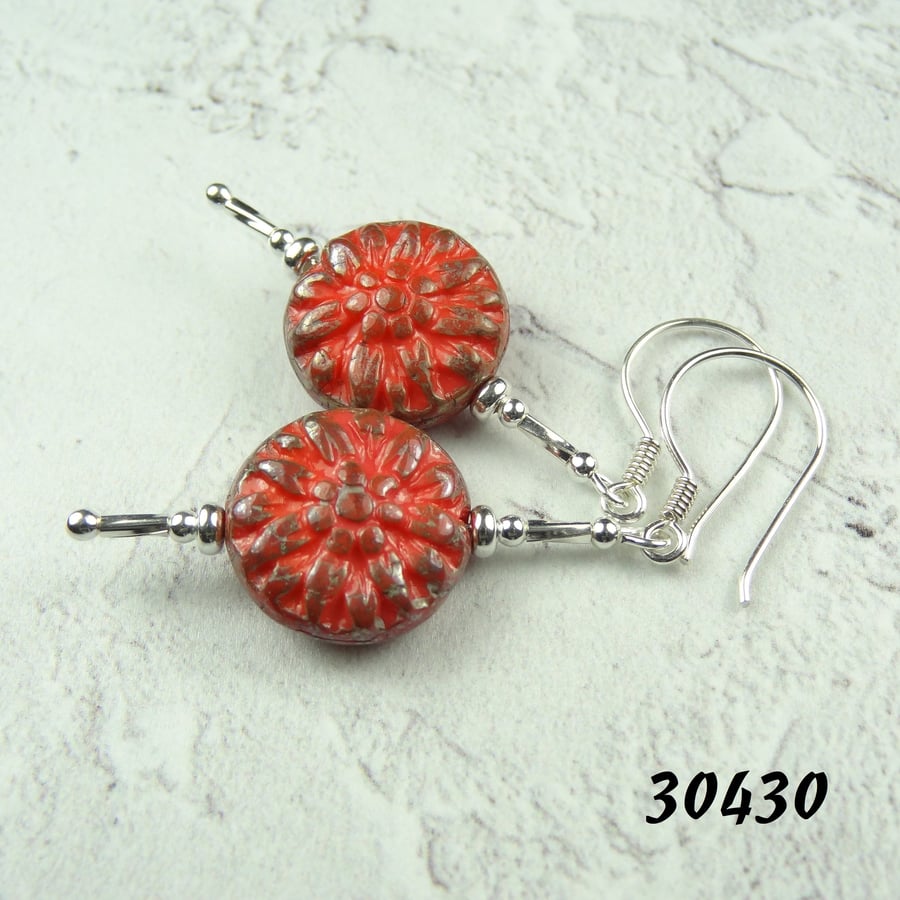 Red Czech glass drop earrings, sterling silver, dahlia flower (30430)