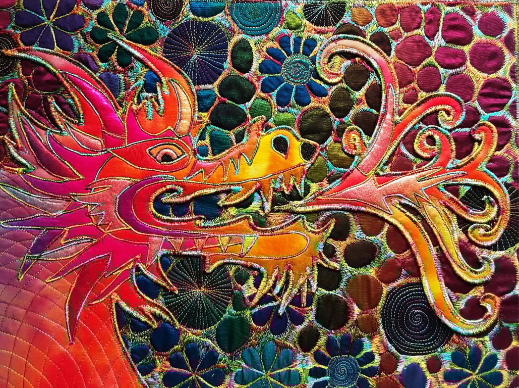Fire Dragon Textile Art with Free Machine  Embroidery 40ms x 30cms