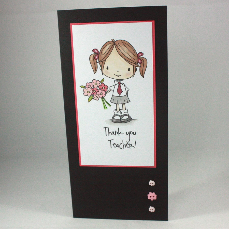 Thank you teacher card - schoolgirl with flowers