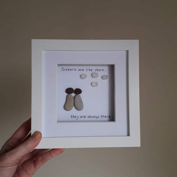 Pebble Art Sisters Framed 7 x 7 inches, Sea Glass Birthday Gift for Sister