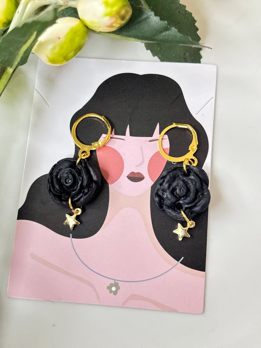 Handmade earrings, Black Rose Earrings with Gold Stars