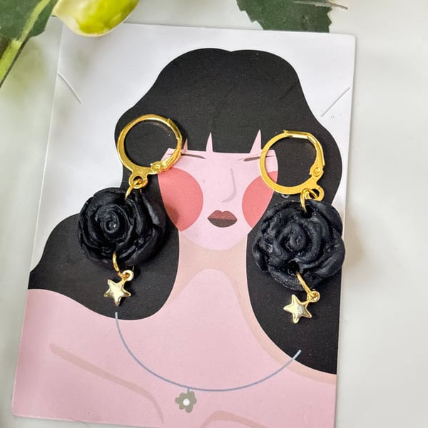 Handmade earrings, Black Rose Earrings with Gold Stars