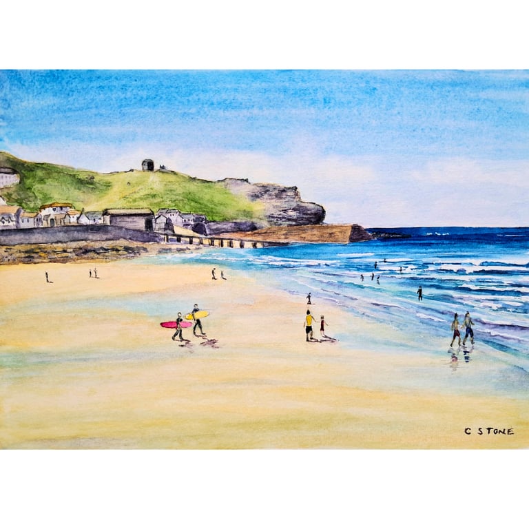The Beach, Sennen Cove, Cornwall,  Original Watercolour Painting Mounted