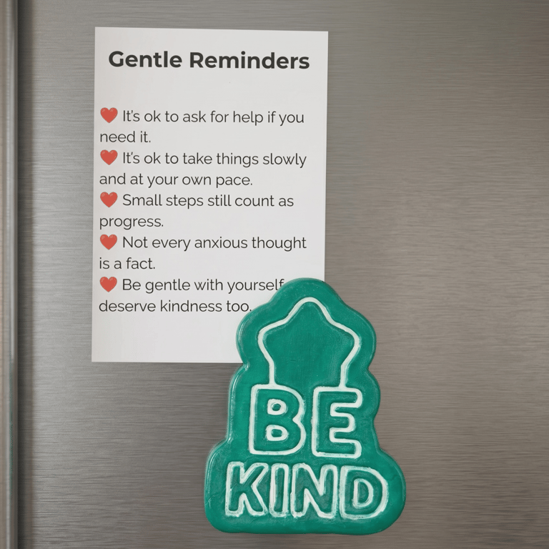 Be Kind handmade teal green fridge magnet with A7 Gentle Reminders card