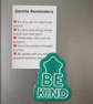 Be Kind handmade teal green fridge magnet with A7 Gentle Reminders card