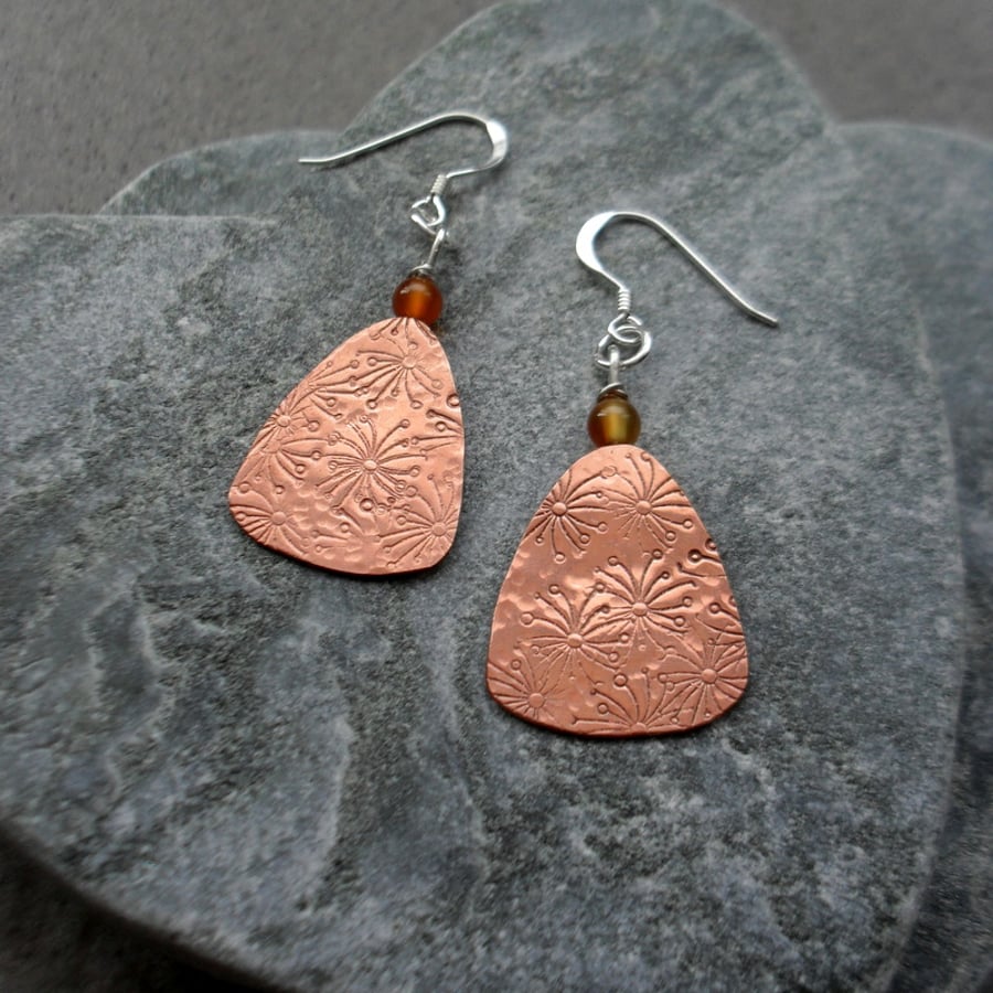 Copper Dandelion Earrings With Carnelian Sterling Silver Ear Wires
