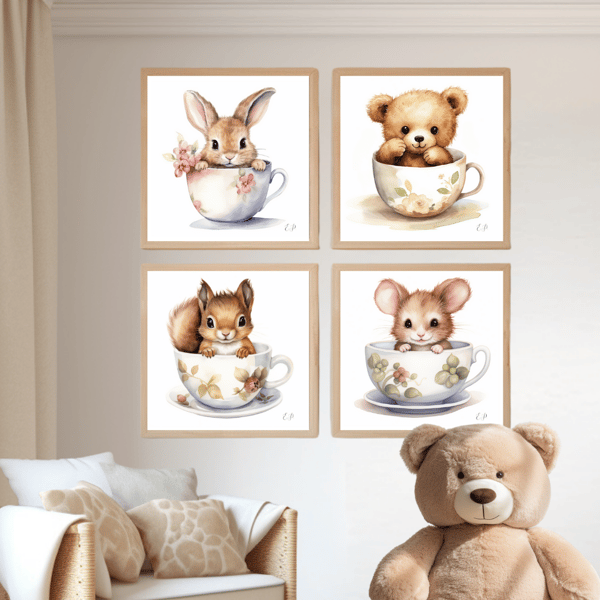 Watercolour Nursery Prints 'Teacup Animals' - Mouse, Squirrel, Bear