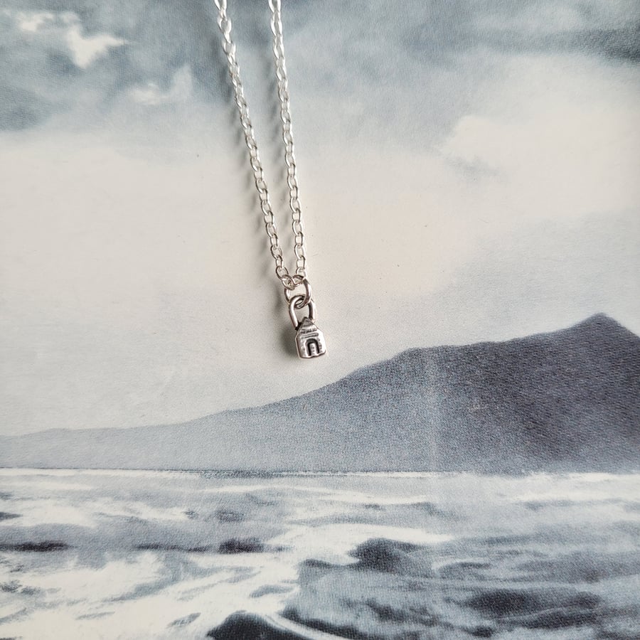 Tiny Beach Hut Necklace, Recycled Sterling Silver House Pendant
