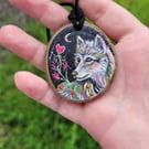 Hand Painted Wolf Wood Slice Pendant, Rustic Wildlife Necklace, Miniature Animal