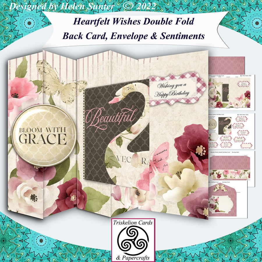 Printable Heartfelt Wishes Double Fold Back Card Making Kit & Envelope and Vario