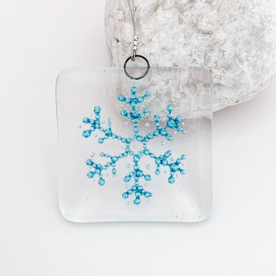 Fused Glass Bubbly Snowflake Hanging - Handmade Glass Christmas Decoration