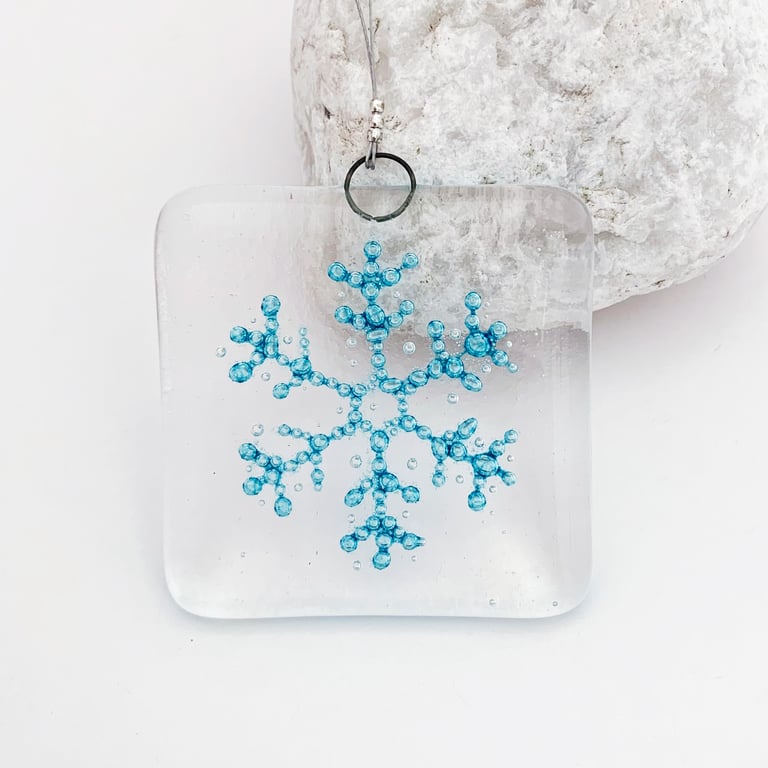 Fused Glass Bubbly Snowflake Hanging - Handmade Glass Christmas Decoration