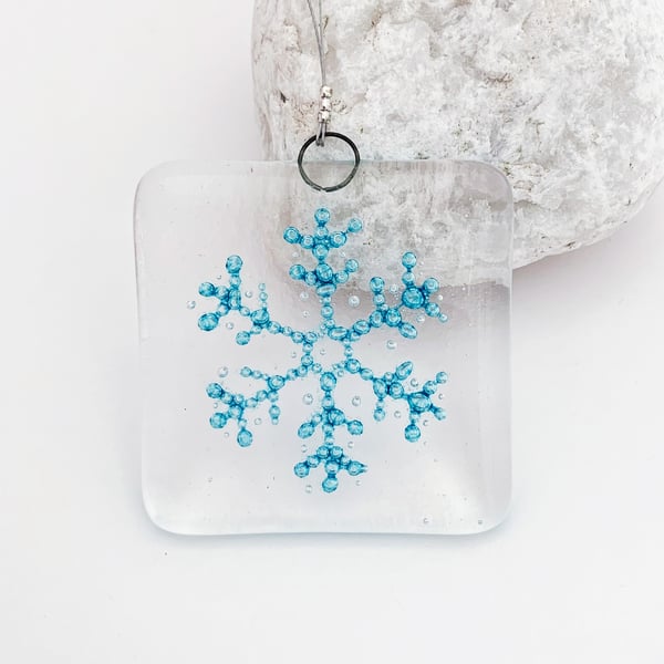 Fused Glass Bubbly Snowflake Hanging - Handmade Glass Christmas Decoration