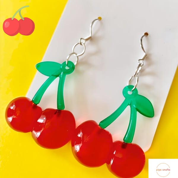 Resin Cherry Fruit Dangle Earrings 925 Silver Hooks, Quirky Jewellery Festivals