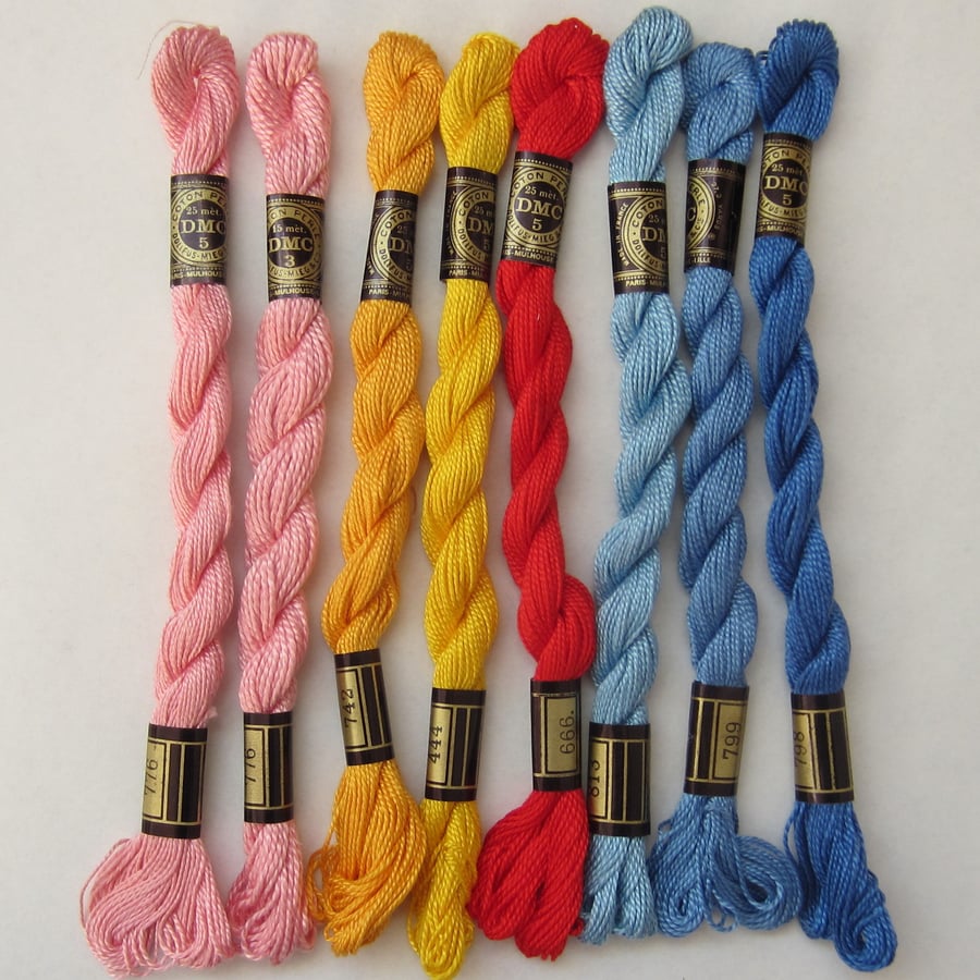 8 Skeins of DMC Cotton Perle Thread - Assorted Colours 