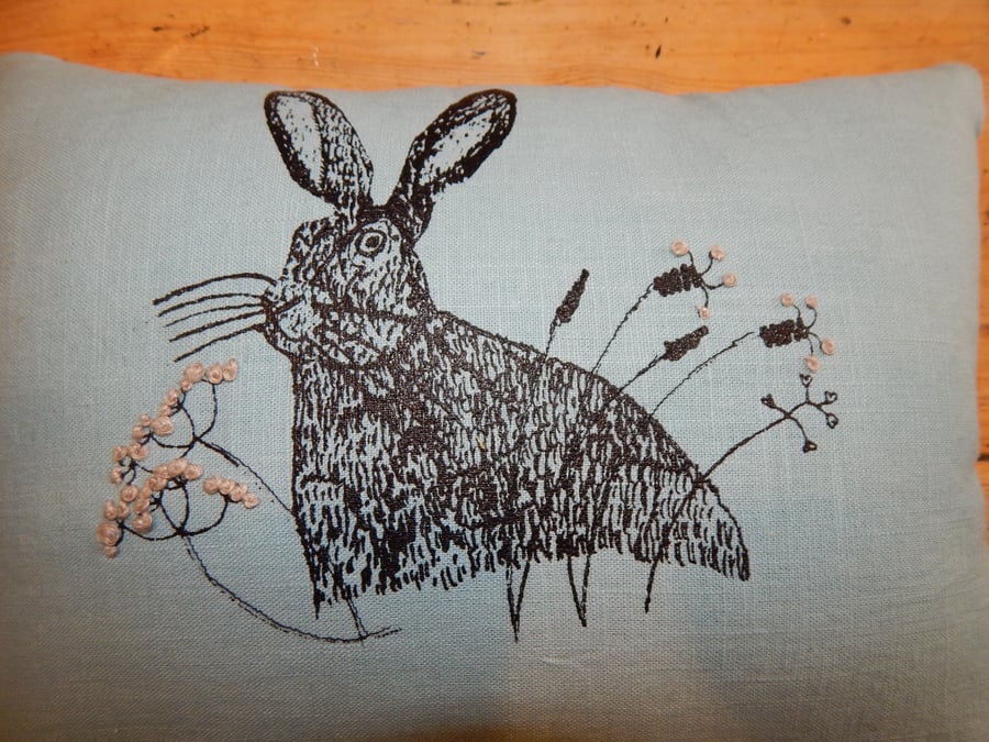 Duck Egg Blue Hare and Wild Grasses cushion. 33cm x 26cm