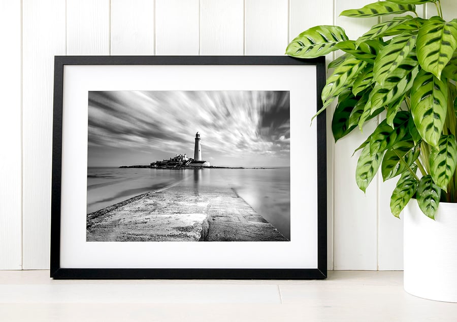 St Mary's Lighthouse photography, Whitley Bay black and white Geordie gift
