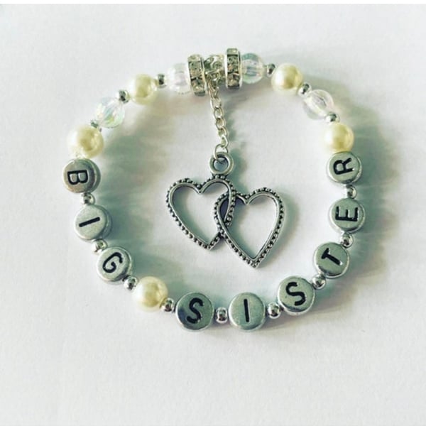 Ivory big sister double heart charm bracelet shamballa beaded gift for sibling 