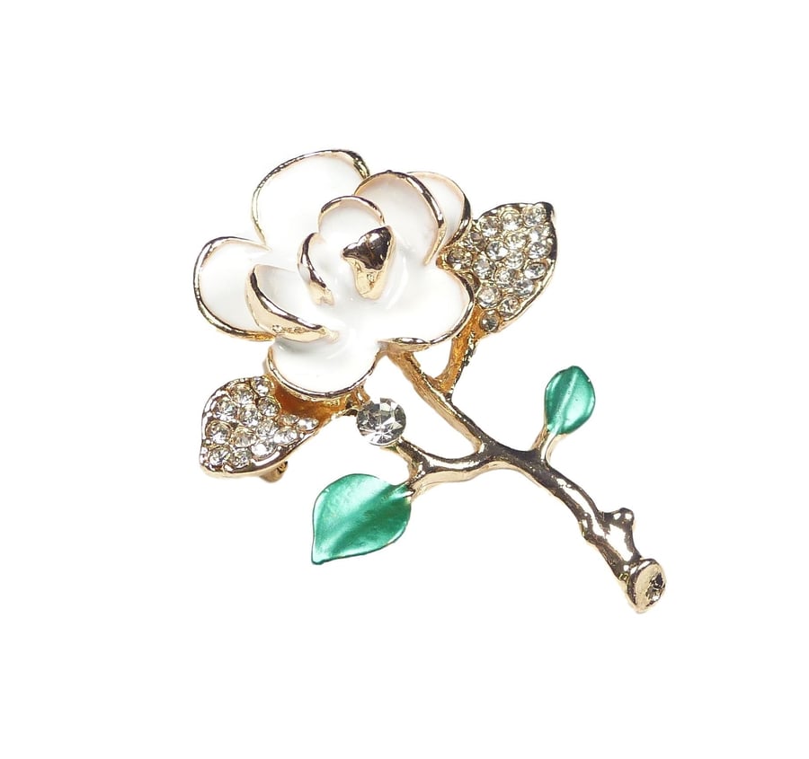 White Enamel Flower Rose Brooch Pin Gold Colour with Grade A Diamante Rhinestone