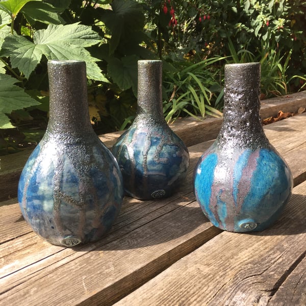 Marine Blue bud shaped vase, a handmade pot with a textured glaze