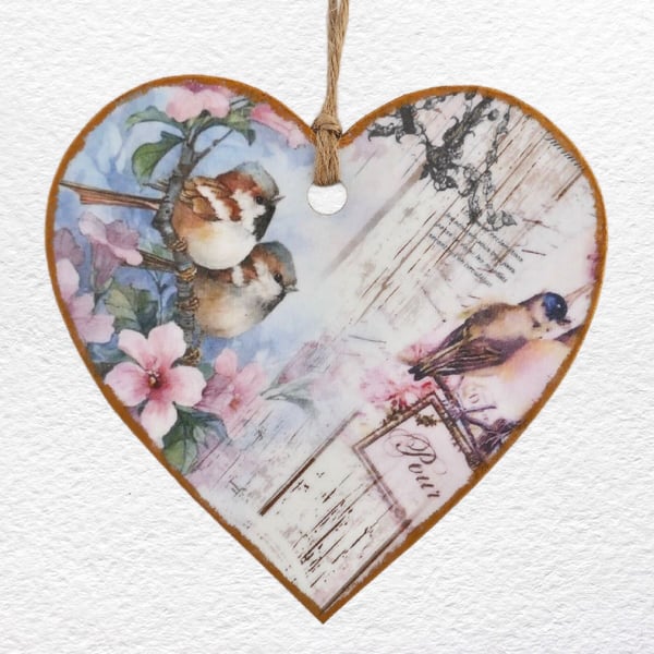 Decoupaged Wooden Hanging Heart 15cm (6"): Birds and Flowers design