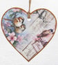 Decoupaged Wooden Hanging Heart 15cm (6"): Birds and Flowers design - Image 1