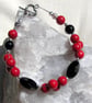 Natural Red Coral & Black Onyx Gemstone Beaded Bracelet "Red Twilight" - Image 3