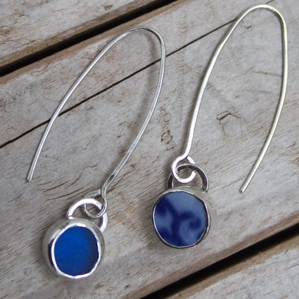 Blue Sea Glass and Sea Pottery Silver Drop Earrings