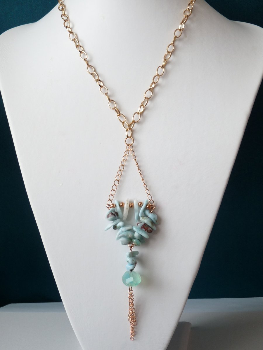 Chalcedony & Larimar Tassel Drop Necklace  - Handmade - Genuine Gemstone